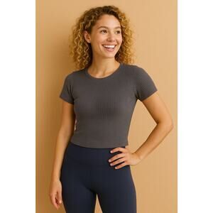 Aura Ribbed S/M Grey Crop Top Work Out Gym Yoga Pilates Lounge Wear Athleisure